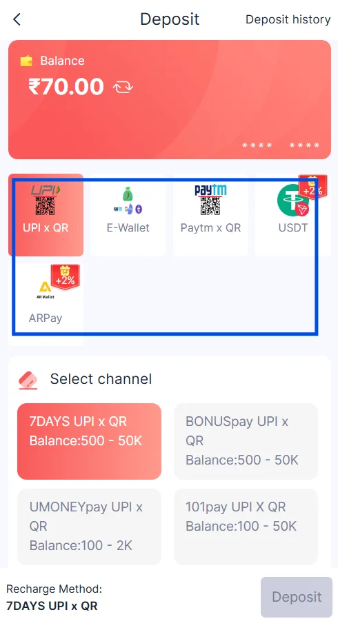 choose deposit method