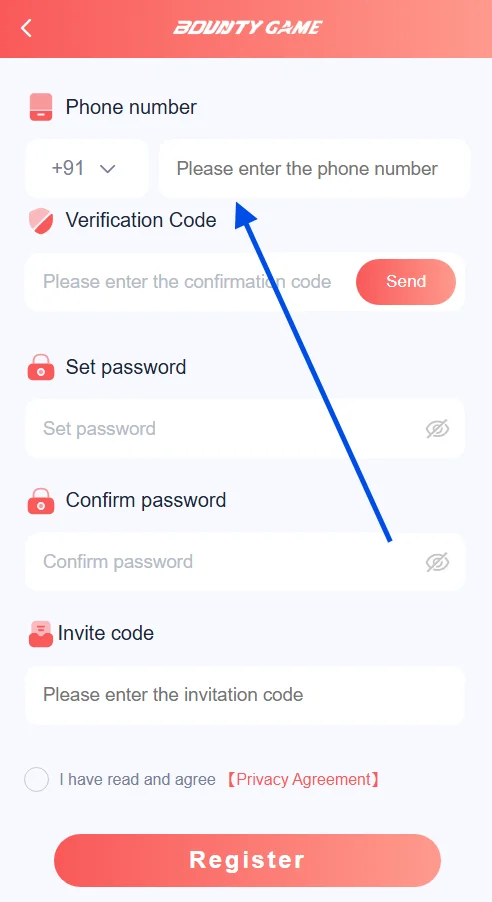 enter the phone number to register